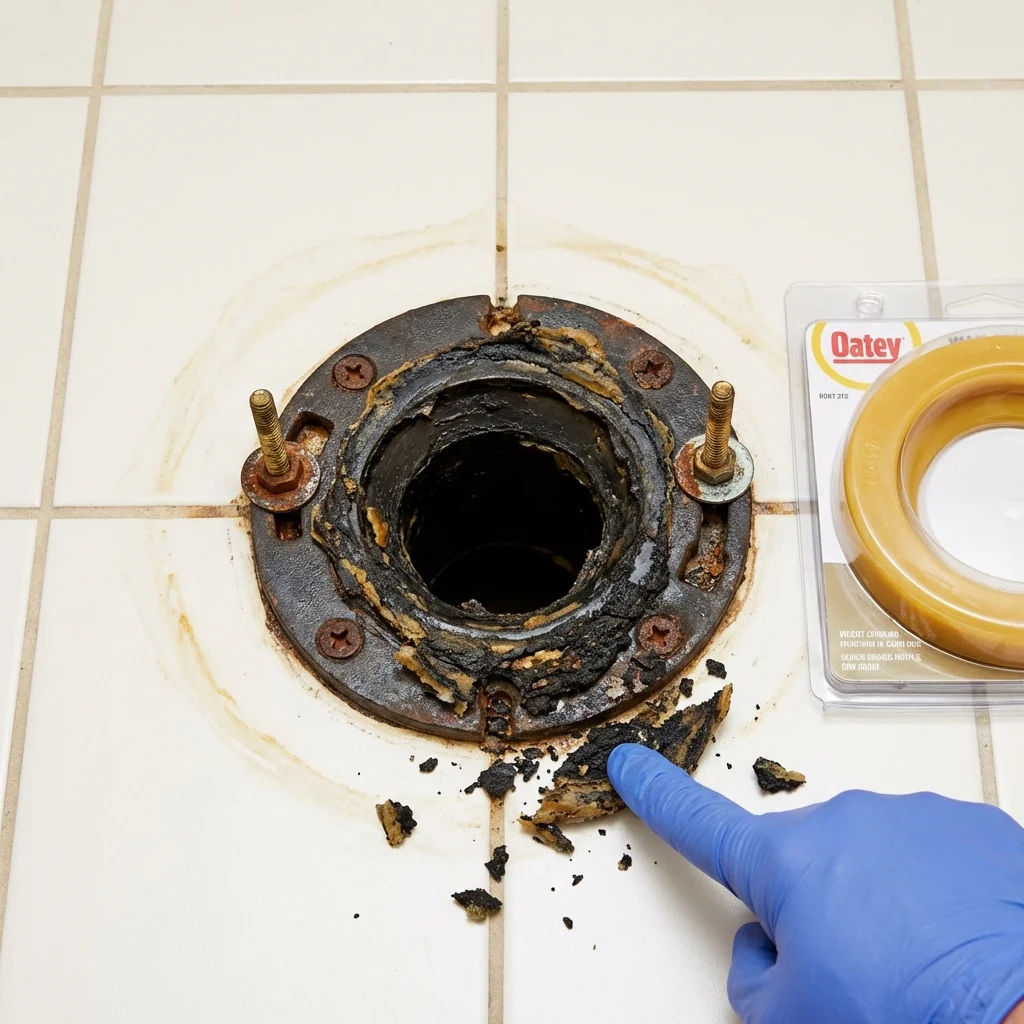 Failed wax ring showing water seepage at the base of a toilet in a Germantown, OH home